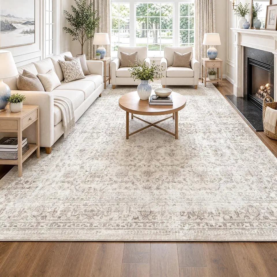 FMFUNCTEX 6x9 Washable Beige Neutral Vintage Large Area Rug for Living Room