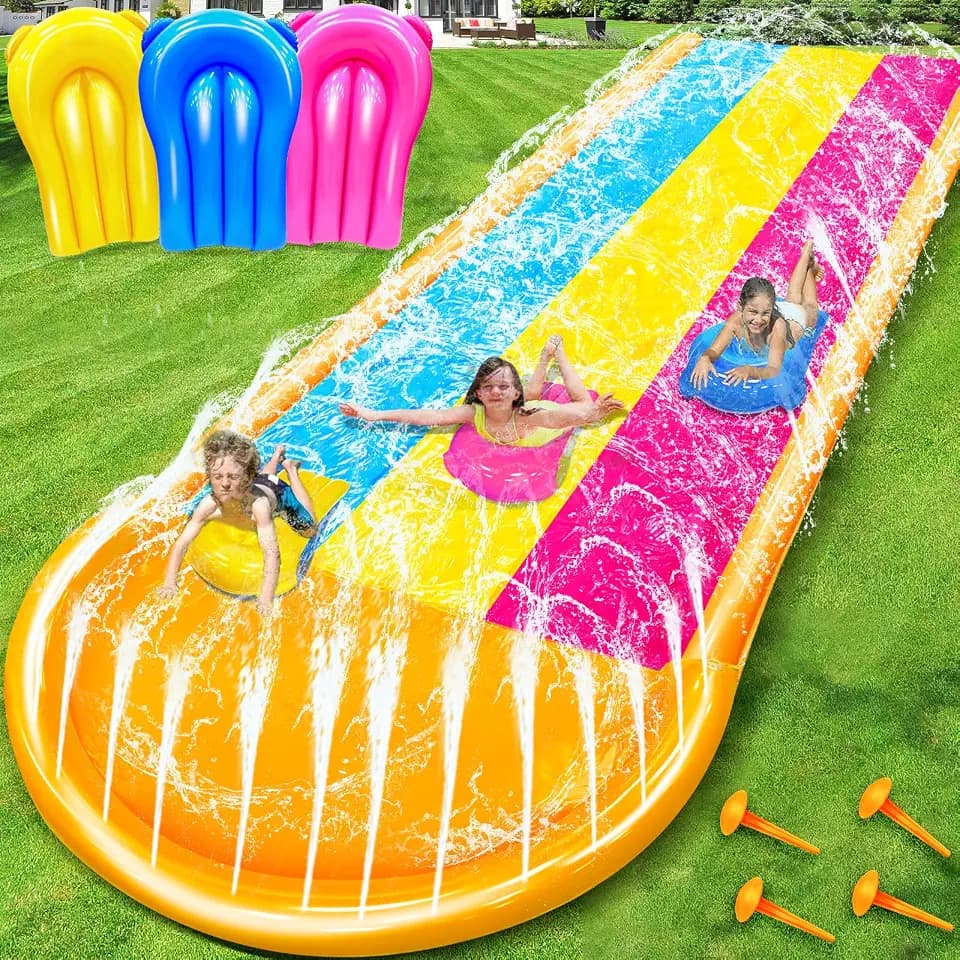[ 3 Sided Safe Fence ] Extra Width Triple Slip Water Slide with 3-Way Sprinklers, Backyard Lawn Water Slides and 3 Bodyboards with Handle, Summer Outdoor Water Fun Toys for Kids Adults,16Ft x 7Ft