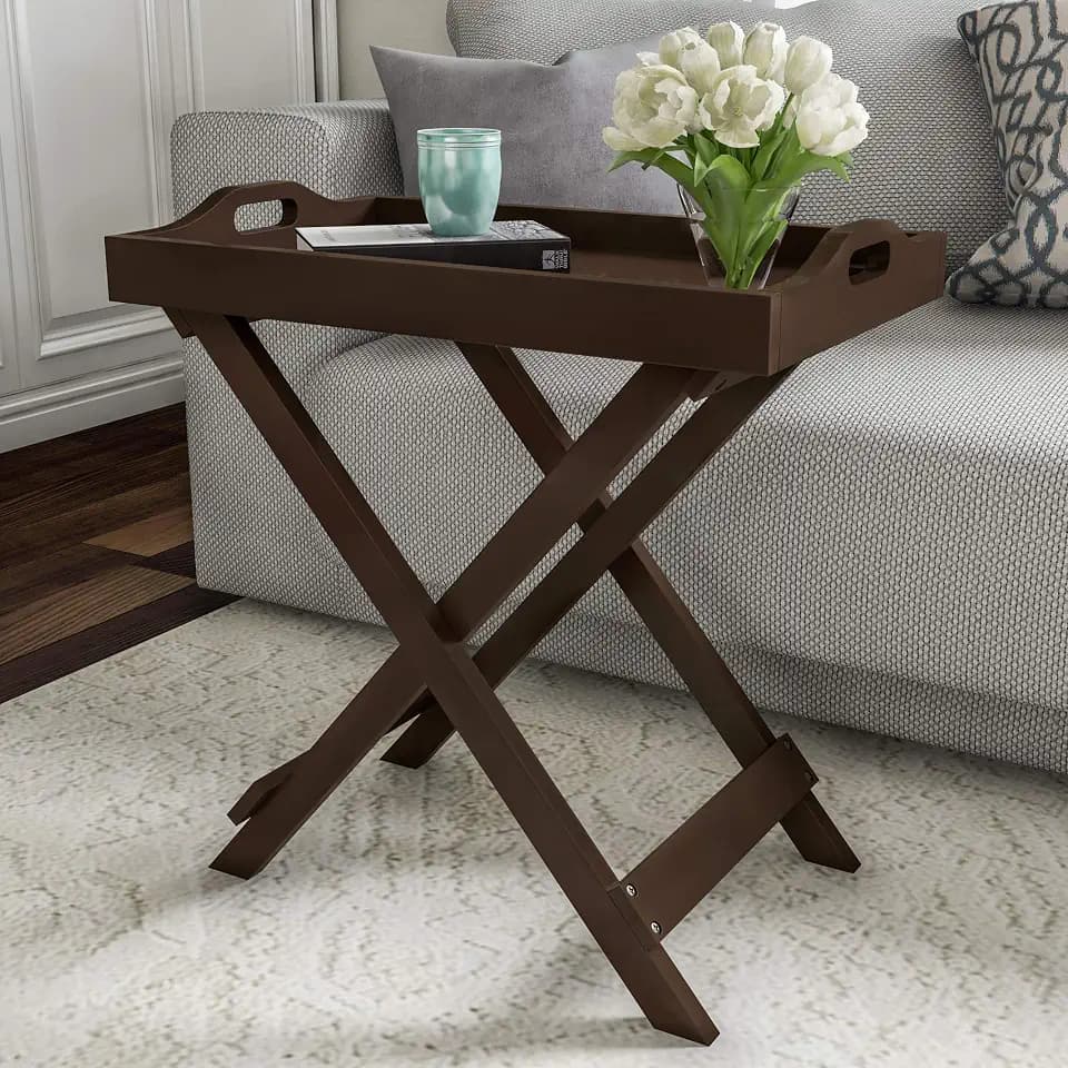 Lavish Home End Folding Modern Minimalist Wooden Contemporary Side Table, Multifunctional, Portable, Stylish Serving, Snack or Lap Tray, Suitable for Indoor and Outdoor Use - BROWN