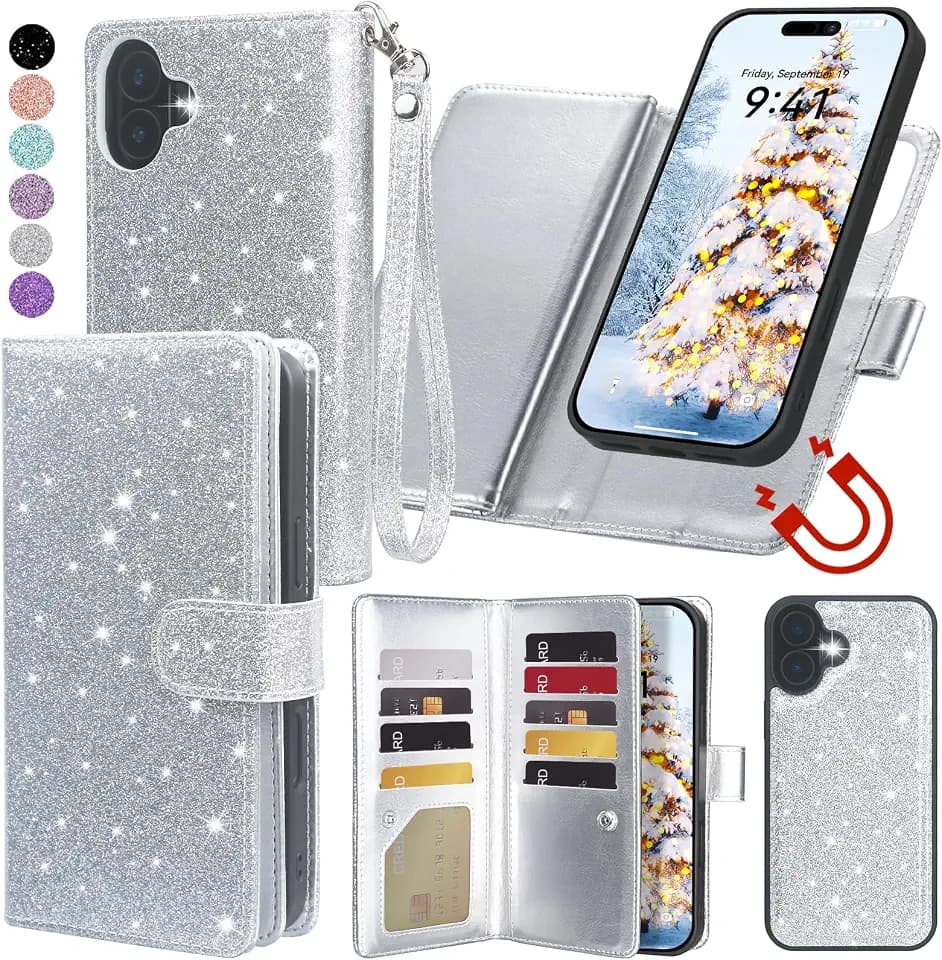 Varikke for iPhone 17 Glitter Case Wallet Magnetic Detachable, Silver