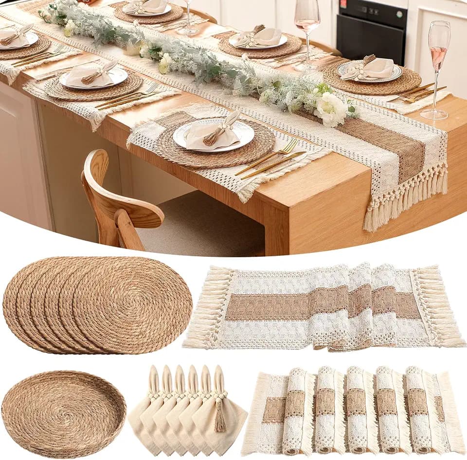 6 Sets Boho Table Runner and Woven Round Placemats Set, Khaki, 12x72