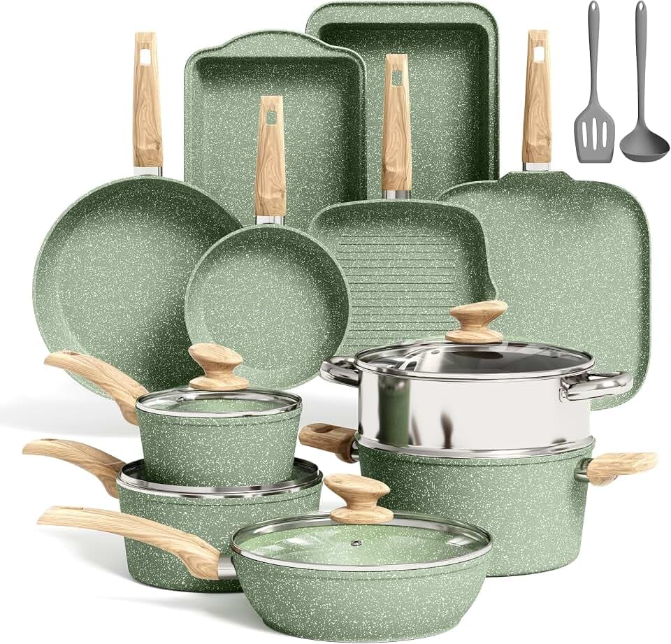 Kitchen Academy 17-teiliges Induktions-Kochgeschirr-Set mit Grillplatte, grünen Granittöpfen und Pfannen, antihaftbeschichtet, gesundes Antihaft-Kochpfannen-Set
