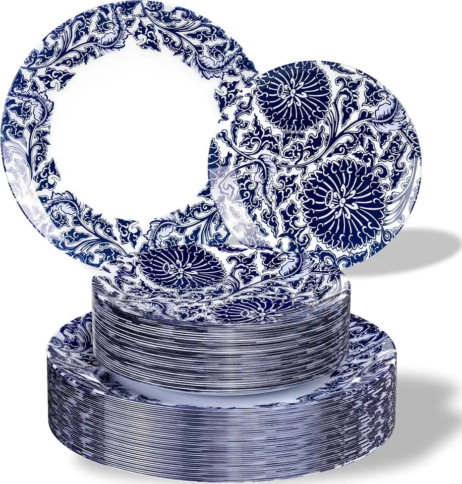 Hioasis Blue Plastic Plates, Floral Disposable Plates, 60 Pcs for 30 Guests