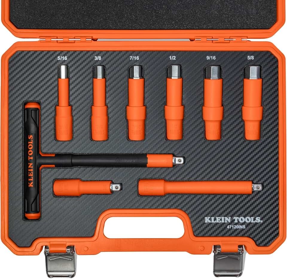 KLEIN TOOLS 47120INS Insulated T-Handle and Hex Bit Set, 1000V Rated, ASTM F1505 Certified, Includes 3 and 6-Inch Extension Bars, Class 2 Glove Compatible, Premium Carrying Case