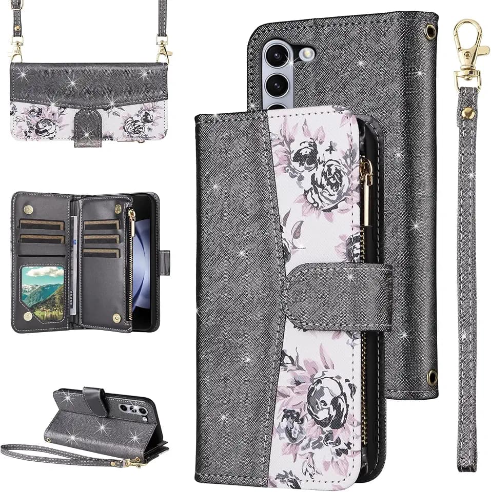 for Samsung Galaxy Z Fold 6 5G 2024 Floral Zipper Wallet Case Black