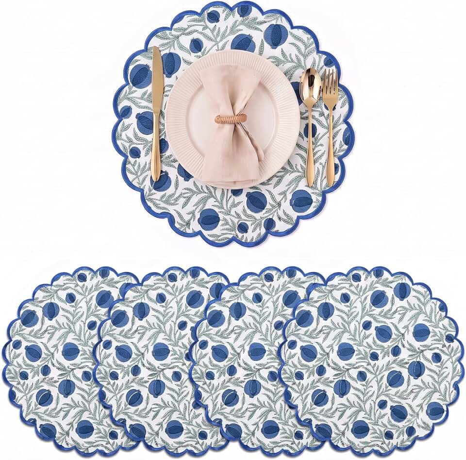 Ridhi Floral Block Print Round Placemats 15" in, Set of 4, Queen Blue