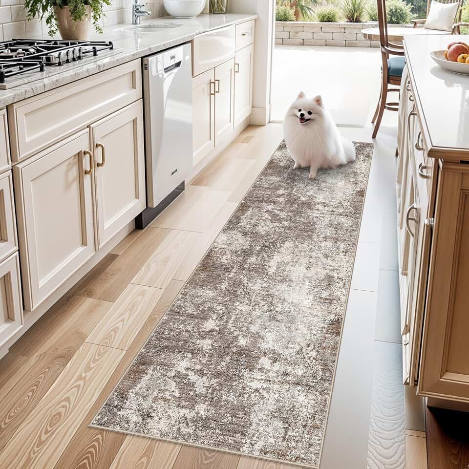 2x7 Washable Kitchen Runner Rug – Non-Slip Soft Carpet for Bathroom Hallway Hall Bedroom – Modern Abstract Neutral Low-Pile Thin Indoor Area Rug with Rubber Backing (Brown Beige,2x7)