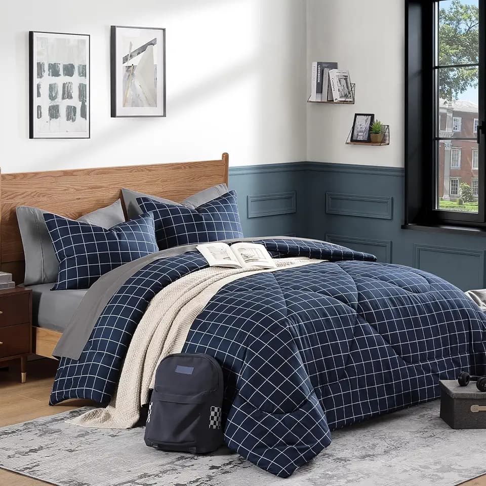 Andency Navy Grid Comforter Set, 2 Pieces Full Gingham Bedding Set