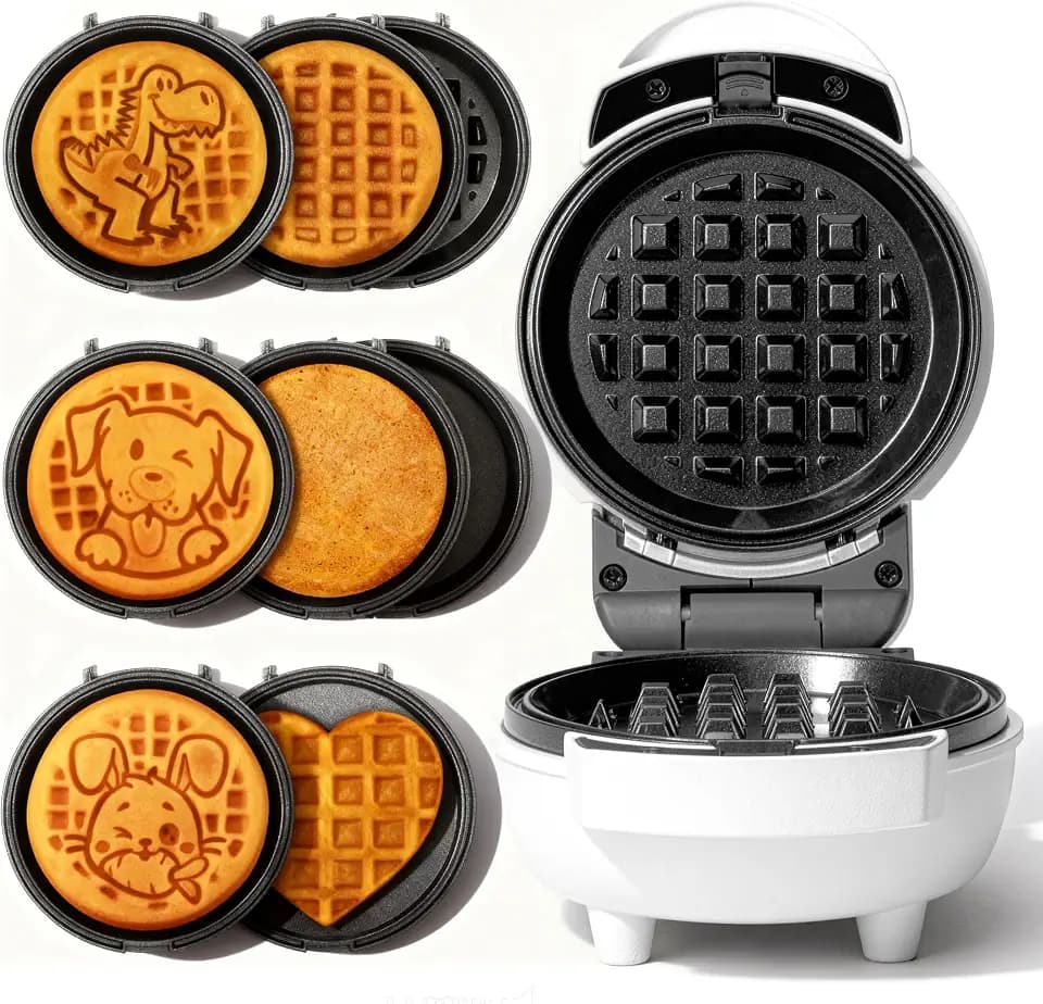 SugarWhisk 6-in-1 Mini Waffle Maker With Removable Plates, 4.5'' Mini Waffle Iron for Holidays, Parties & Events Waffle Maker Machine, 8 Plates with Premium Ceramic Coating, White