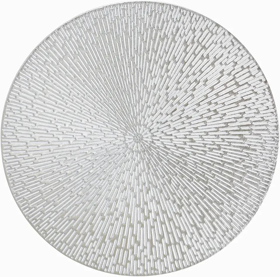 Snowkingdom Silver Round Placemats Set of 8, 15 Inch Metallic Vinyl Round Place Mats, Easy Clean Non Slip Heat Resistant Washable PVC Hollow Dining Table Mats for Wedding Party Christmas Decoration