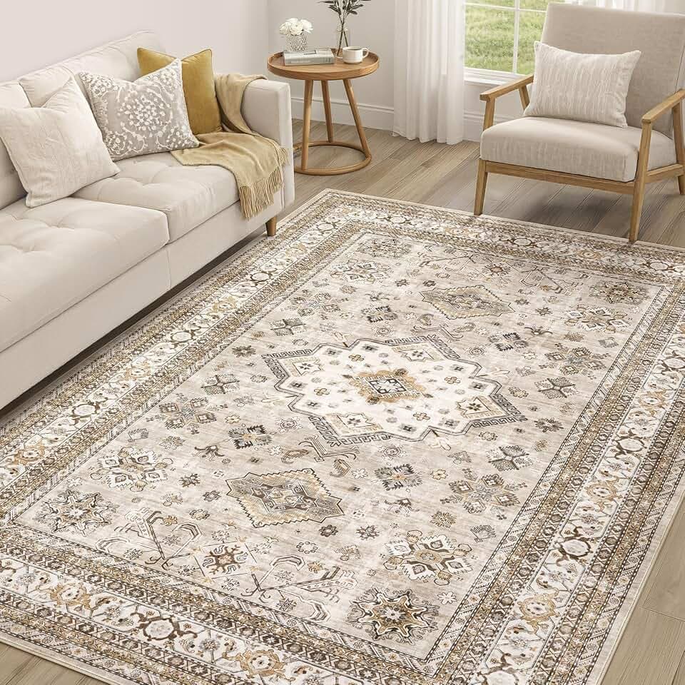 cotiled 6x9 Area Rug for Living Room, Washable, Traditional, Beige