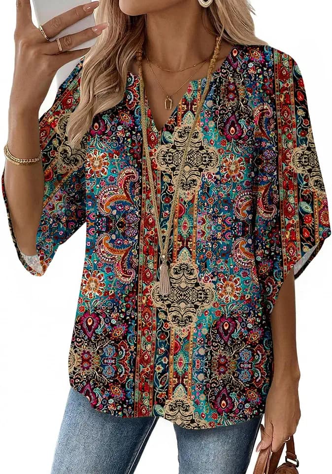 Zeagoo Womens Tops 3/4 Sleeve V Neck Bohemian Blouses Casual Tunic