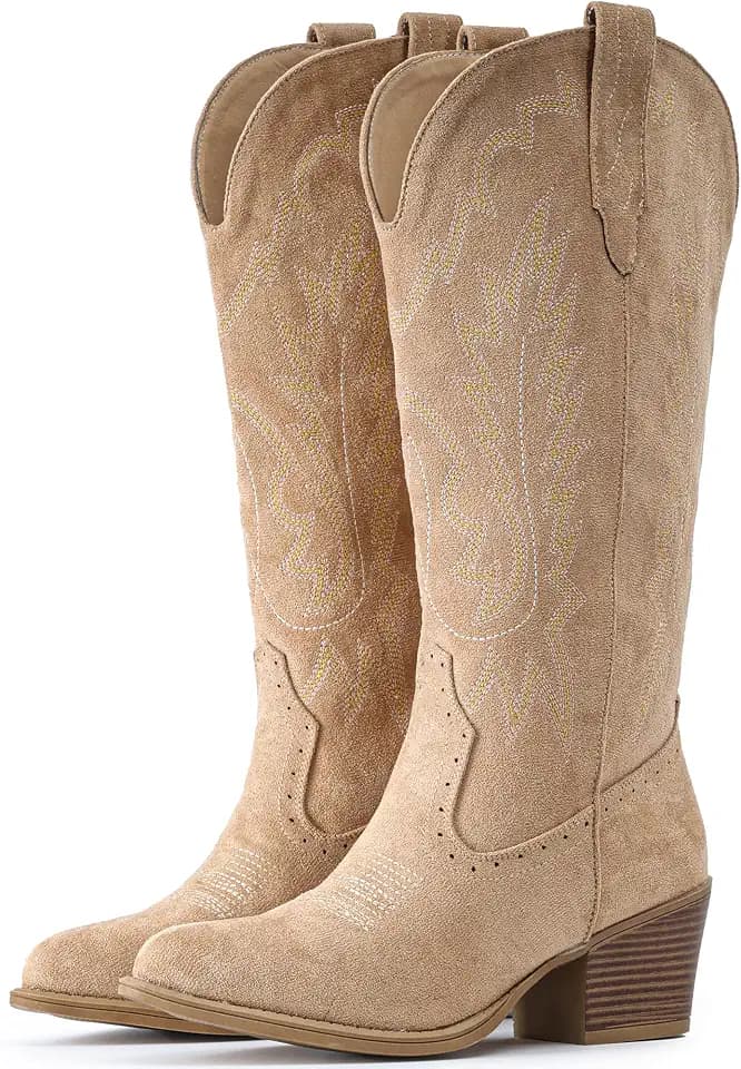 IUV Suede Cowboy Boots For Women Chunky Heel Pointed Toe Cowgirl Boots