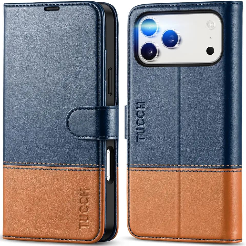 TUCCH Wallet Case for iPhone 18 Pro Max/17 Pro Max, Flip Stand, Blue&Brown