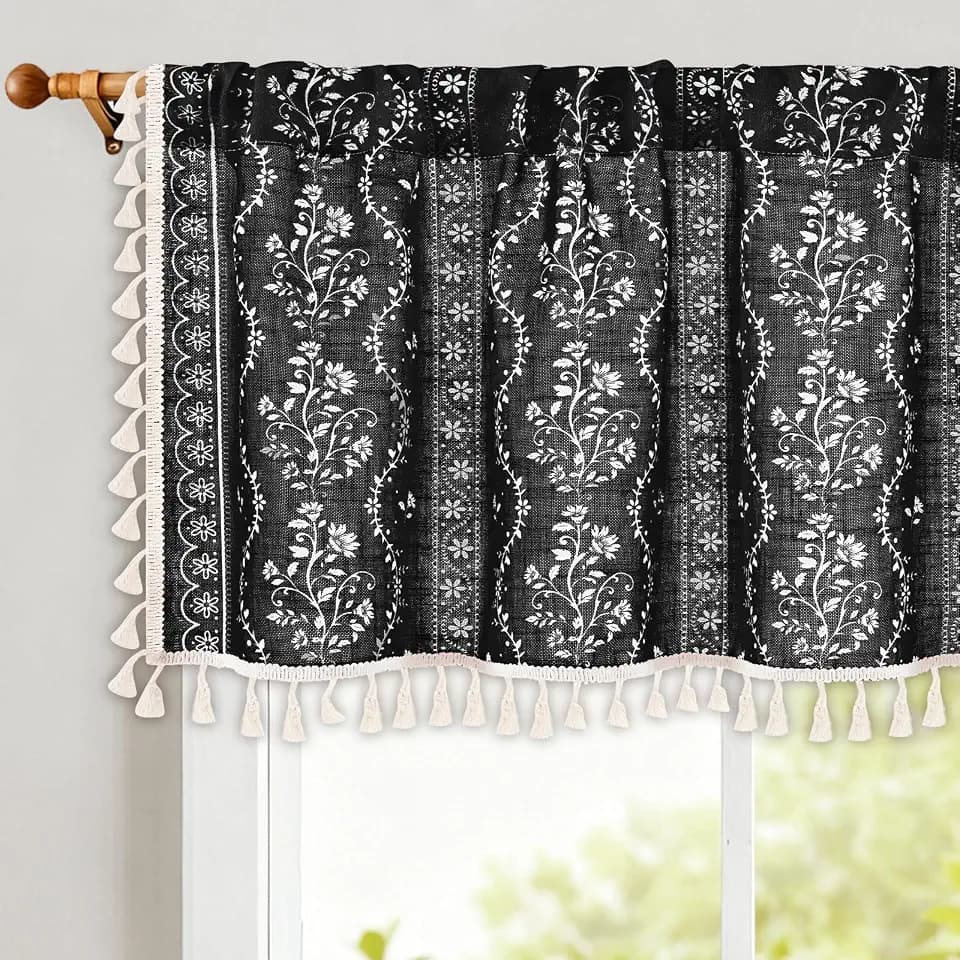Yinhua Boho Valance Curtains Vintage Linen Kitchen Valances for Windows Light Filtering Bohemian Floral Valance Rod Pocket Tassel Window Valances for Bathroom Cafe, 52" W X 18" L, Black