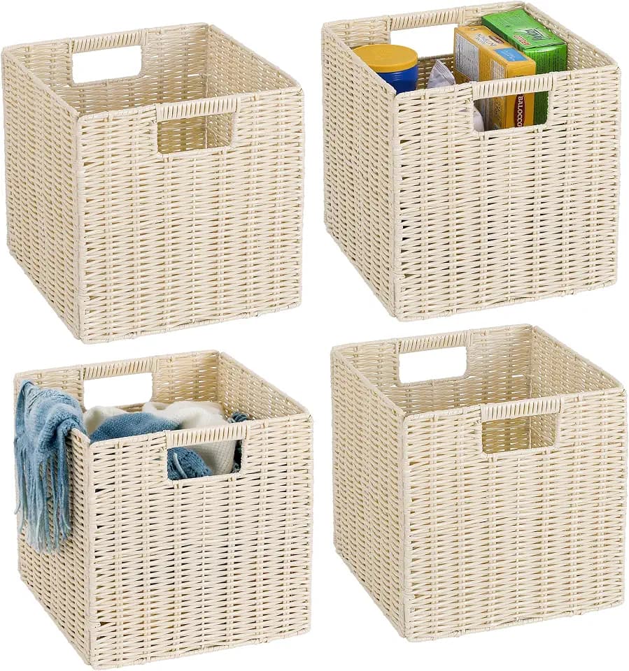 10.5 x 10.5 in Plastic Wicker Baskets for Cube Storage, Collapsible Square Wicker Storage Basket Set of 4, Rattan Storage Cube, Square Baskets for Shelves - lvory