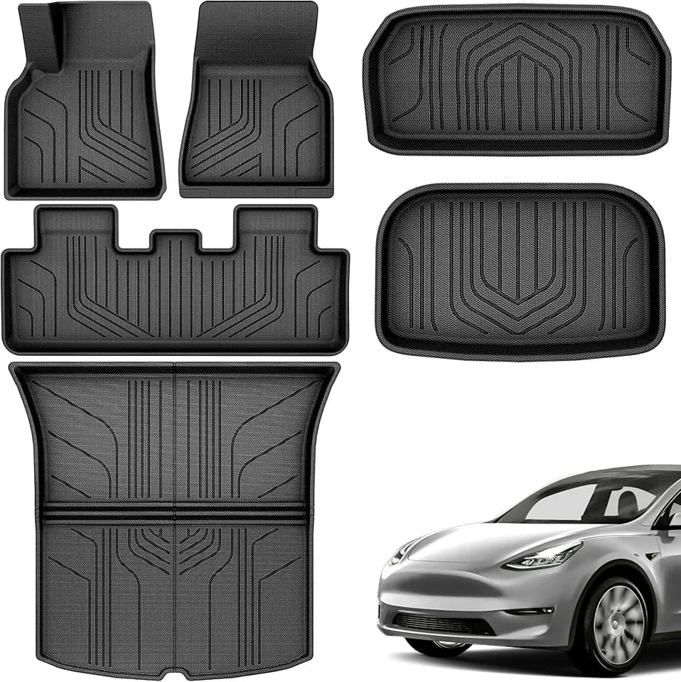 YITAHOME Tesla Model Y Fußmatten Gesamtset, Allwetter Anti-Rutsch Hochwandig 3D wasserdichte Gummimatten Antirutschmatten Set, Kompatibel mit Model Y 2024 2023 2022 2021 2020 (6 Stück Fußmatten)