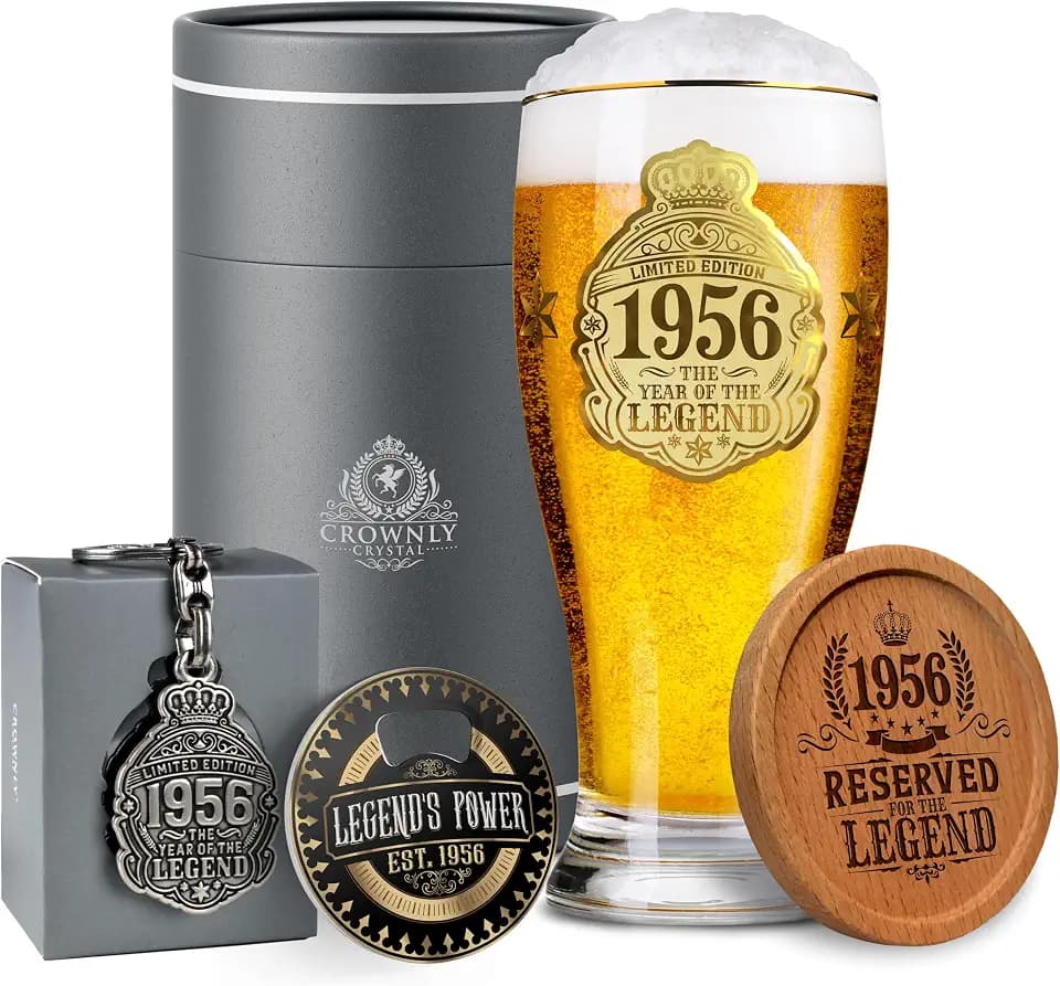 CROWNLY CRYSTAL® 1956 Bierglas Gravur 570 ml 70. Geburtstag personalisiertes Geschenk Mann 70 Jahre Papa Opa Karte Deko Geschenkidee