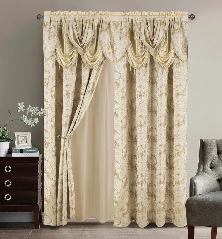 Golden Rugs Jacquard-Vorhang-Set mit angenähtem Volant und Rückseite, für Schlafzimmer, Wohnzimmer, Esszimmer, 280 x 213 cm, Beige