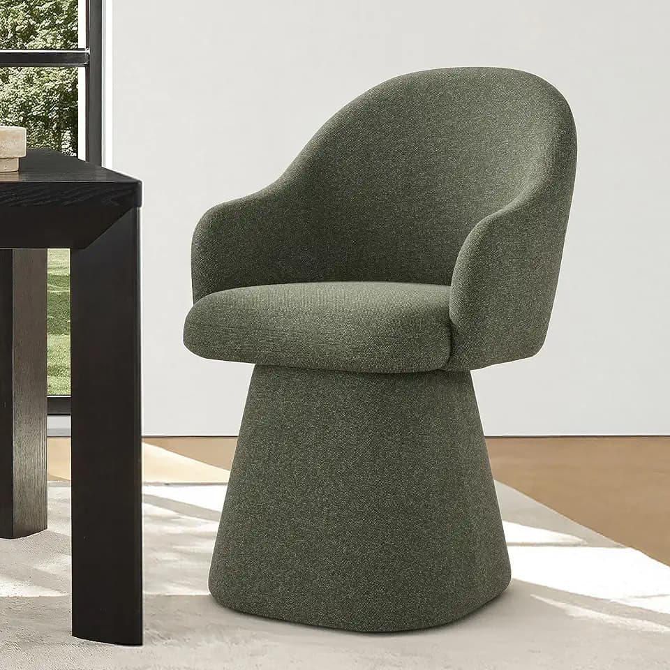 KISLOT Swivel Dining Chairs Set of 1, Upholstered Modern Barrel Dining Chairs with 360° Swivel Base, Chenille Velvet Fabric Accent Kitchen Chairs with Arms, Padded Dining Room Chairs, Green