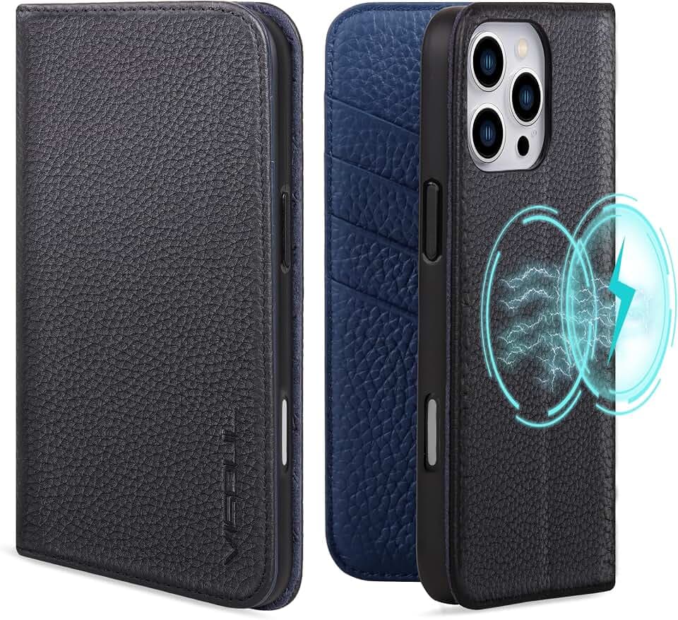 VISOUL Wallet Case for iPhone 16 Pro Max, Pebbled Genuine Leather Wallet Case with Card Holder Kickstand Flip Folio Cover Designed for iPhone 16 Pro Max(6.9 inch)-Black+Navy Blue