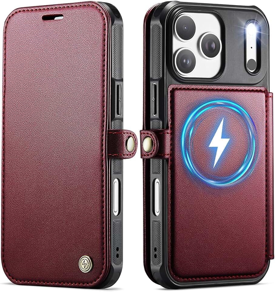 for iPhone 17 Pro Max Slim Case Wallet Wireless Charging, Wine Red