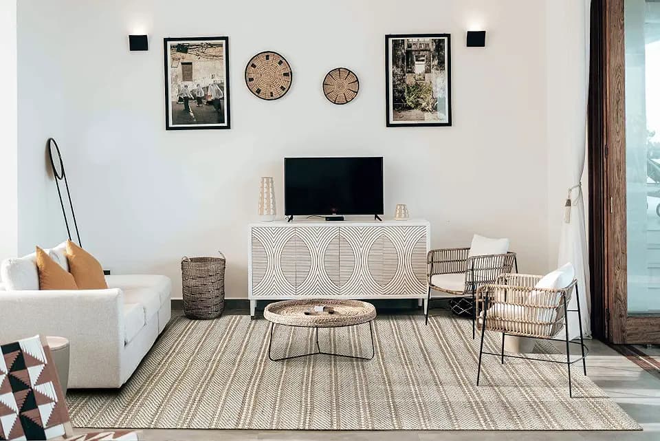 HAMID - Woll- und Jute-Teppich Olivia, Handgewebter Woll-Jute-Teppich für Wohnzimmer, Schlafzimmer, Naturweiß, (60 x 110 cm)