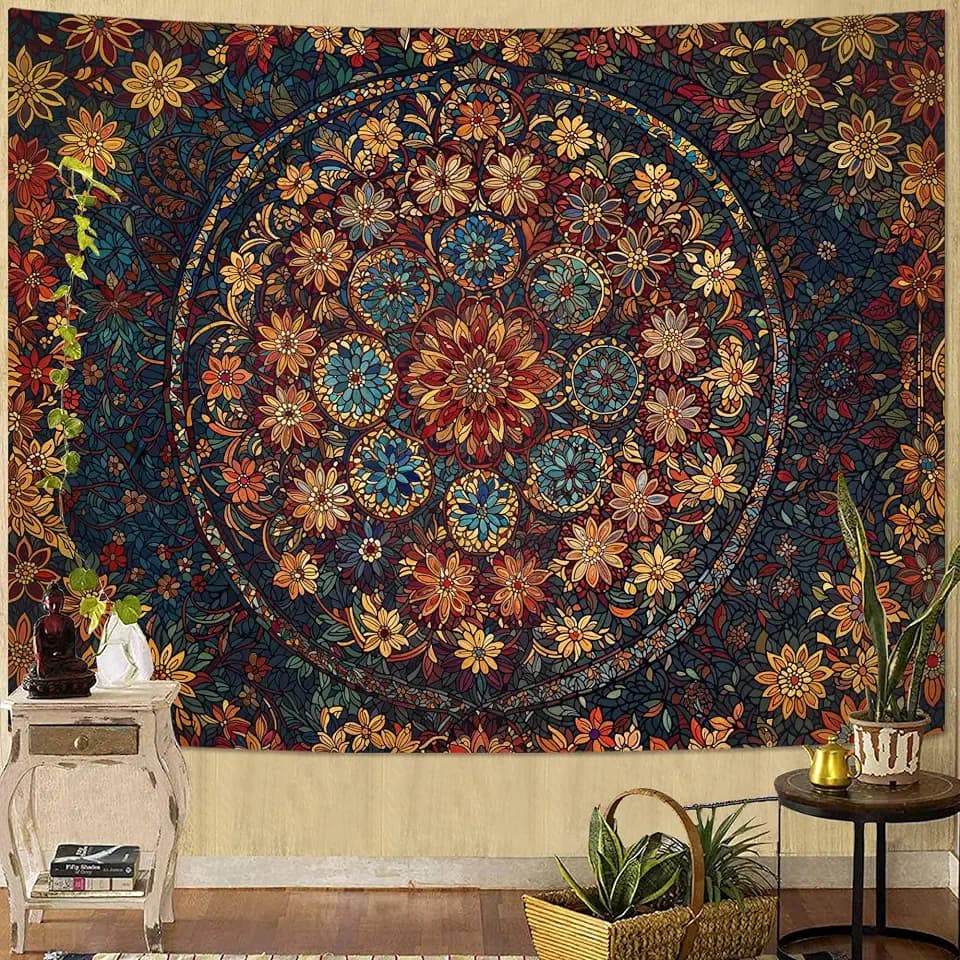 Fowocu Boho Floral Mandala Tapestry Wall Hanging Vintage Bohemian Flower Medallion Tapestry Aesthetic Orange Stained Glass Hippie Large Tapestries for Bedroom Living Room Dorm Decor 80 x 60 Inch