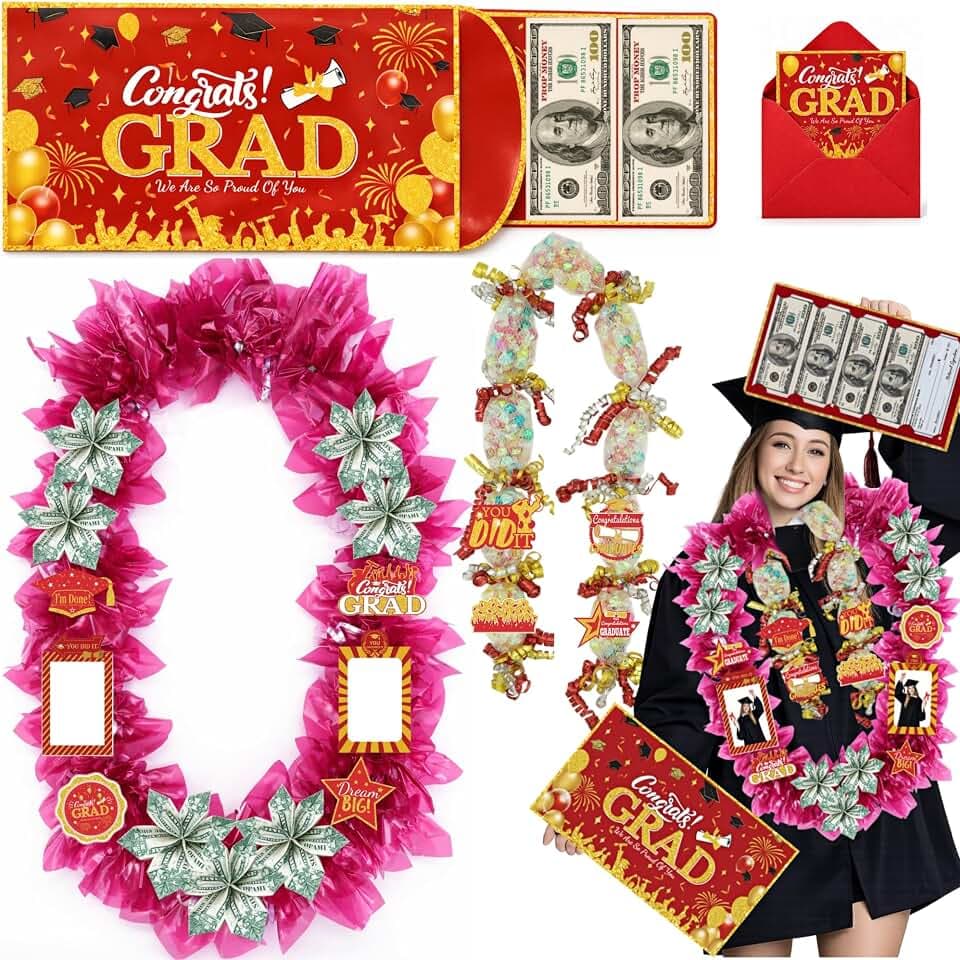 Class of 2026 Graduation Leis with Money Gift Set, 2 pcs Candy Lei Graduation Cash Holder,Personalized Graduation Gifts Money Leis with Photo Frame Congrats Grads Gift Idea for Graduate Party Supplies-Gold Red