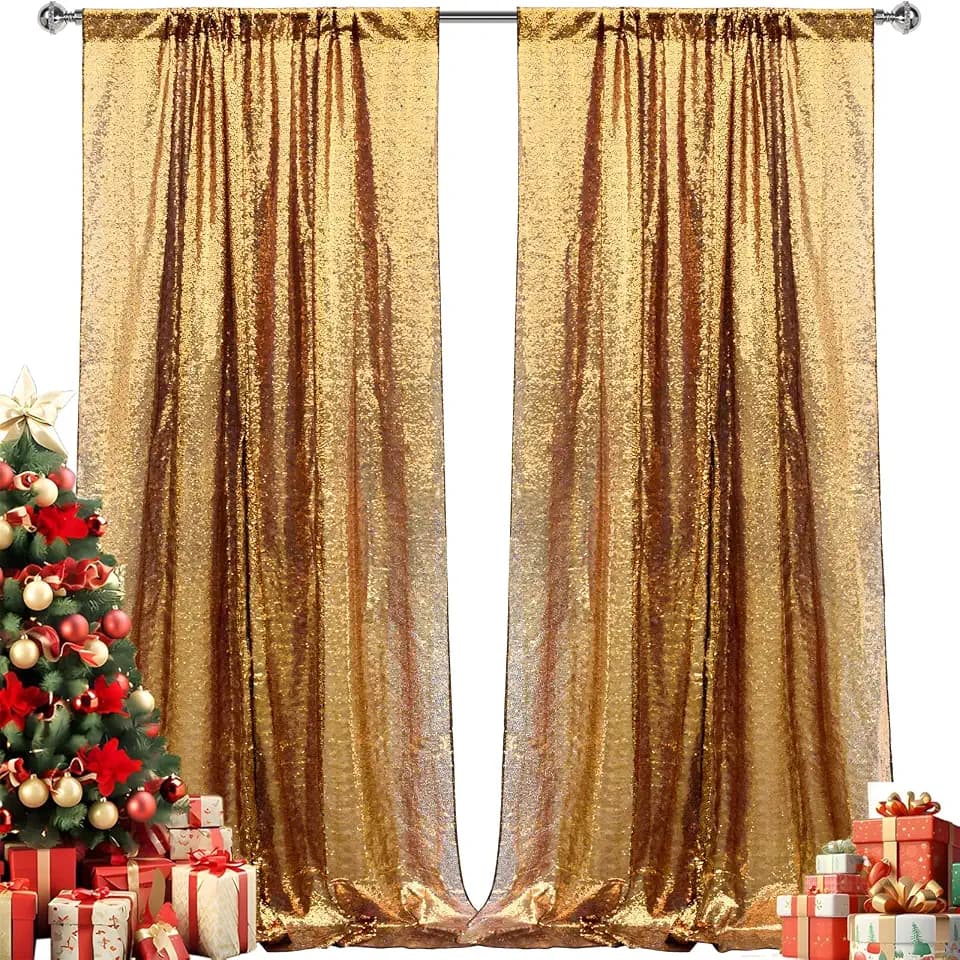 2×8FT-2PCS Black Gold Sequin Backdrop Curtains Panels, Photography Backdrop Glitter Curtains Fabric Background for Christmas Wedding Party Decor