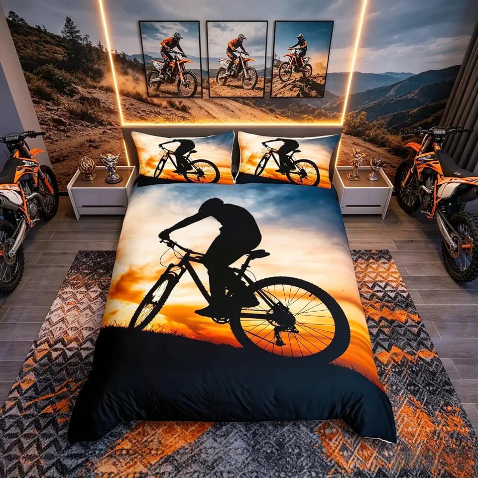 Loussiesd Mountainbike-Bettbezug, Extremsport-Thema, Bettwäsche-Set für Kinder, Jungen, Mädchen, cooles 3D-Dirt-Bike-Dekor, Bettdeckenbezug, Tagesdecke, Schlafzimmer-Kollektion, 2-teilig, Einzelbett