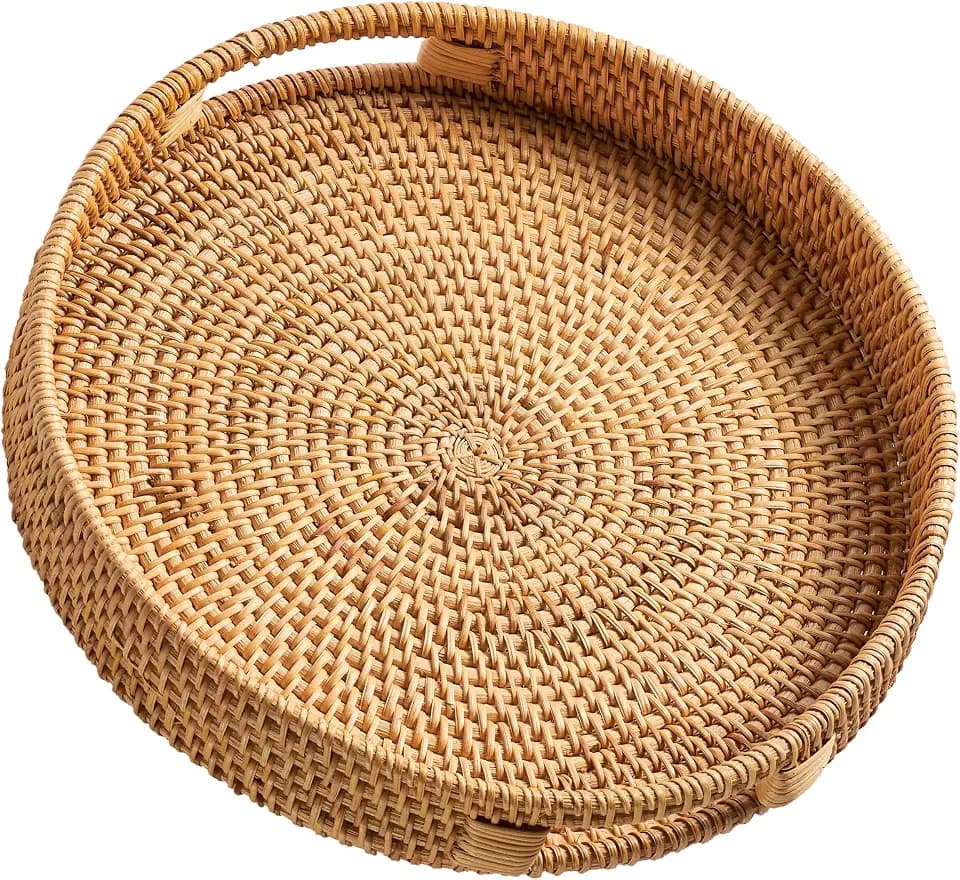Jungle Culture Round Rattan Tray 14" • Wicker Woven Basket Decor • Natural