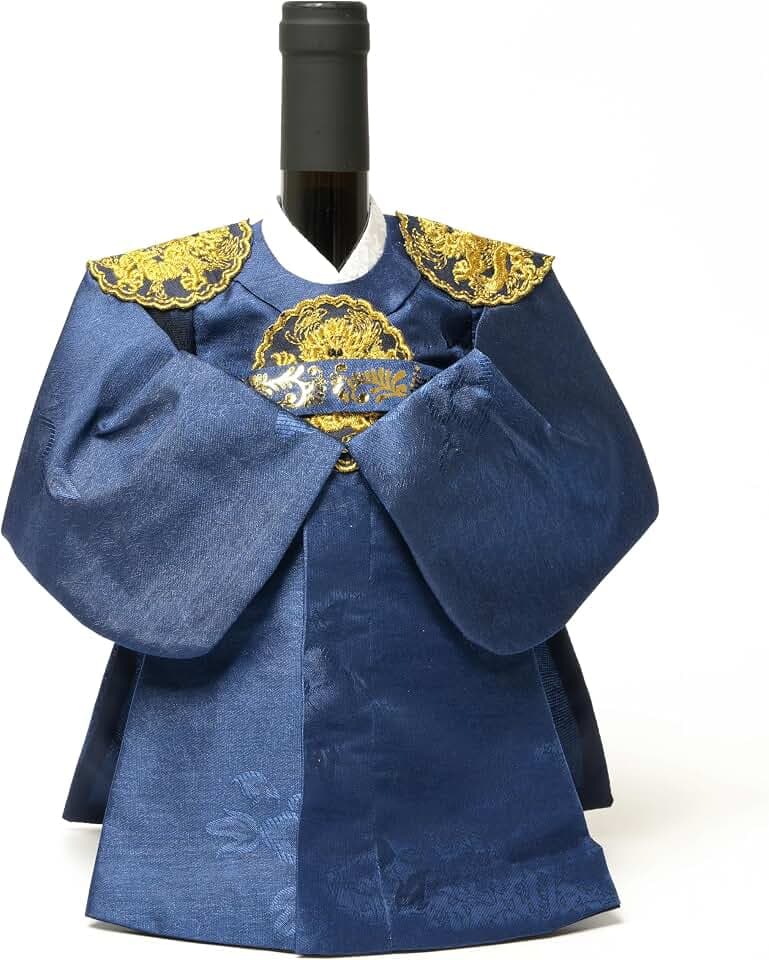 Korean Hanbok Wine Bottle Cover Gift, Unique Korean Gift for Women & Men, Decorative Wine Bottle Outfit for Wedding, Housewarming, Birthday (King/Blue)