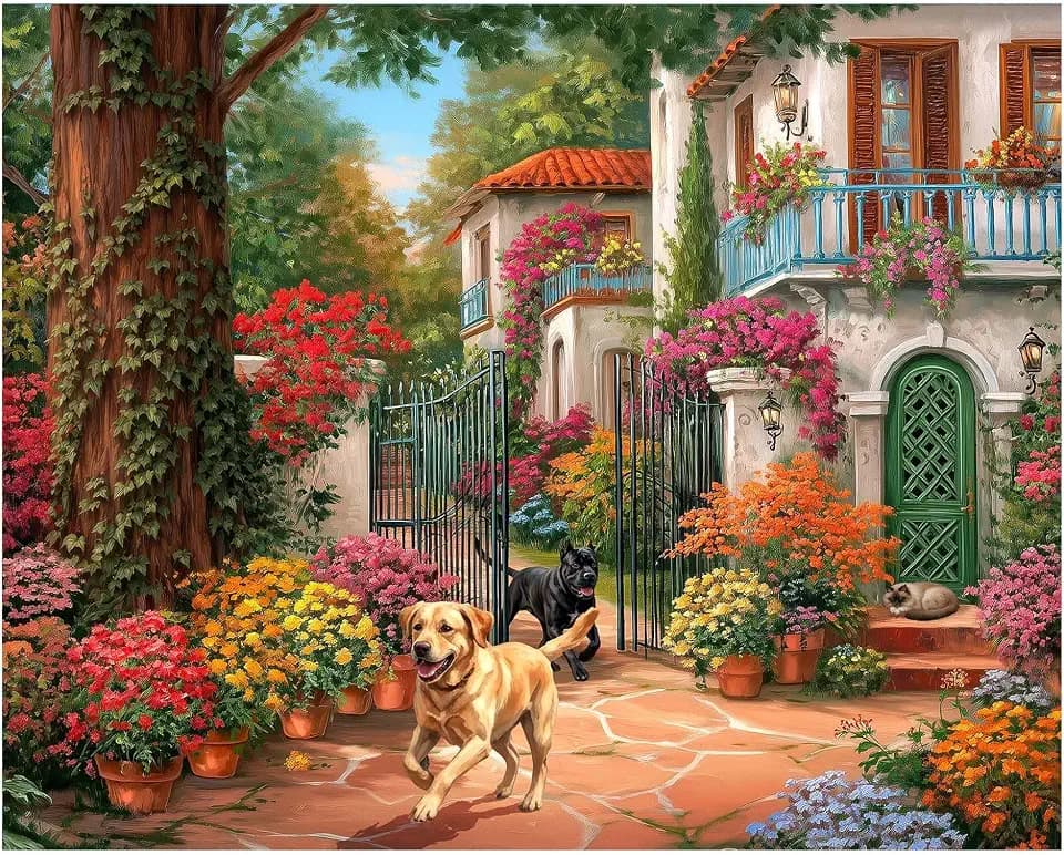 Springbok Garden Gate Welcome 1000 Piece Jigsaw Puzzle for Adults – Mediterranean Villa & Blooming Garden Scene – Poster Included – Unique Cut Pieces – Made in USA