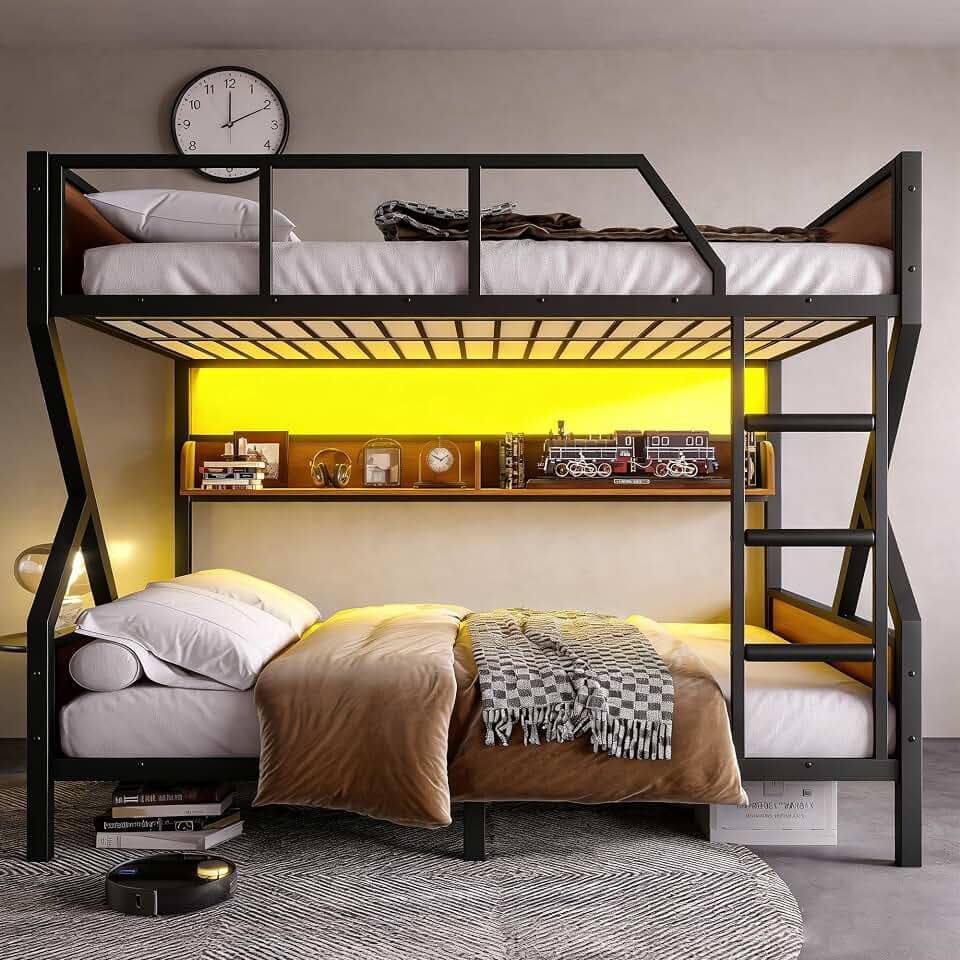 Bellemave Full Over Full Size Bunk Bed with Storage Shelves and LED Lights,Heavy Duty Adult Bunk Beds with Angled Ladder,Metal Bunk Bed Full Over Full,Black