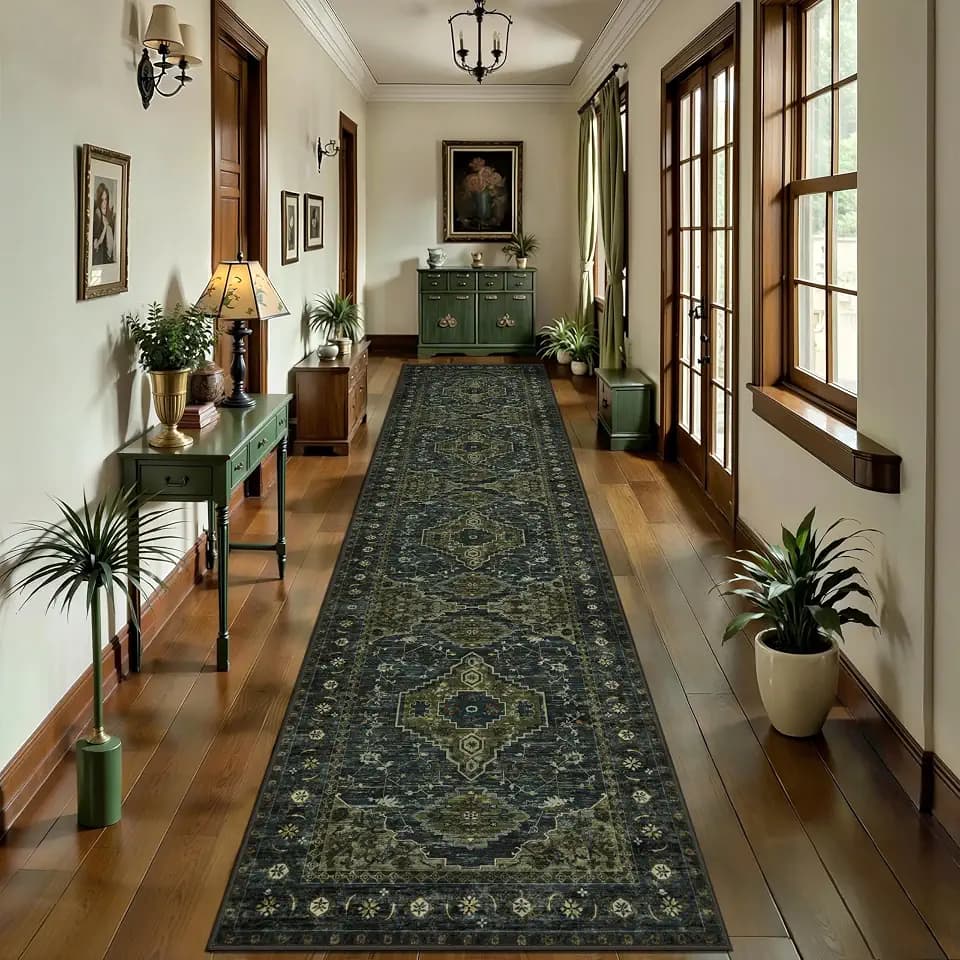 Tangsoo Oriental 2.6x12 Washable Hallway Runner Rug,Green Non Slip Long Rug