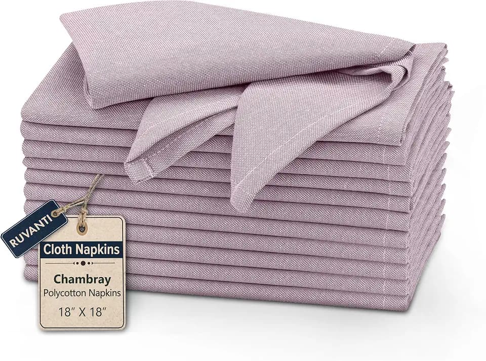 Ruvanti Cloth Napkins Set of 12, Poly Cotton Fabric 18x18 - Mauve