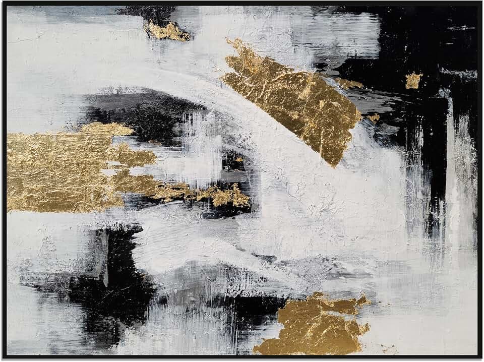 Yihui Arts Hand Painted Abstract Decorative Wall Art with Floating Frame, Black, White and Gold Tones