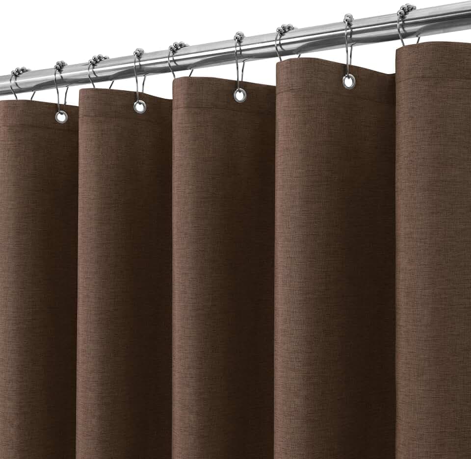 VANZAVANZU Duschvorhang Leinen mit Metall Duschvorhangringe Stoff Textil Badewannenvorhang Anti Schimmel Bad Vorhang Set Wasserdicht Schwerer Badewanne Vorhang - 182 x 182cm (Braun)