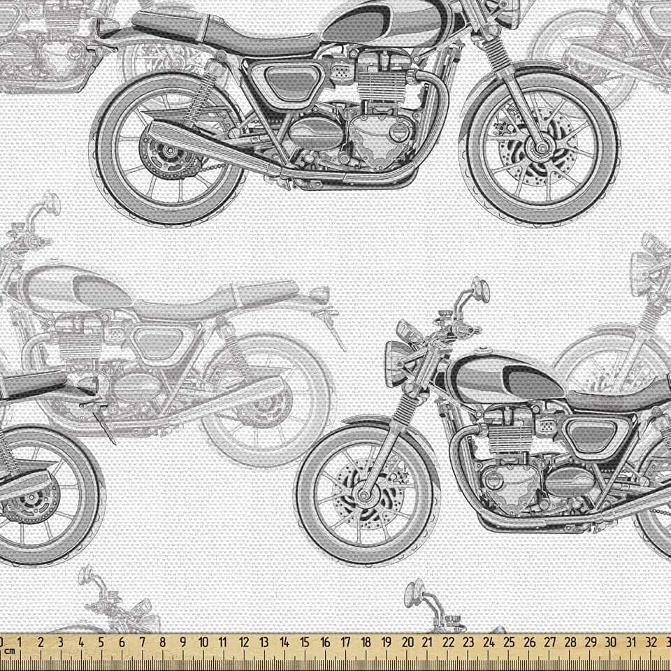 ABAKUHAUS Motorrad Stoff als Meterware, Details in Graustufen, Qualitäts Stoff Dekorativer Polster Heimtextilienstoff, 2M (148x200cm),Weiß Schwarz Grau
