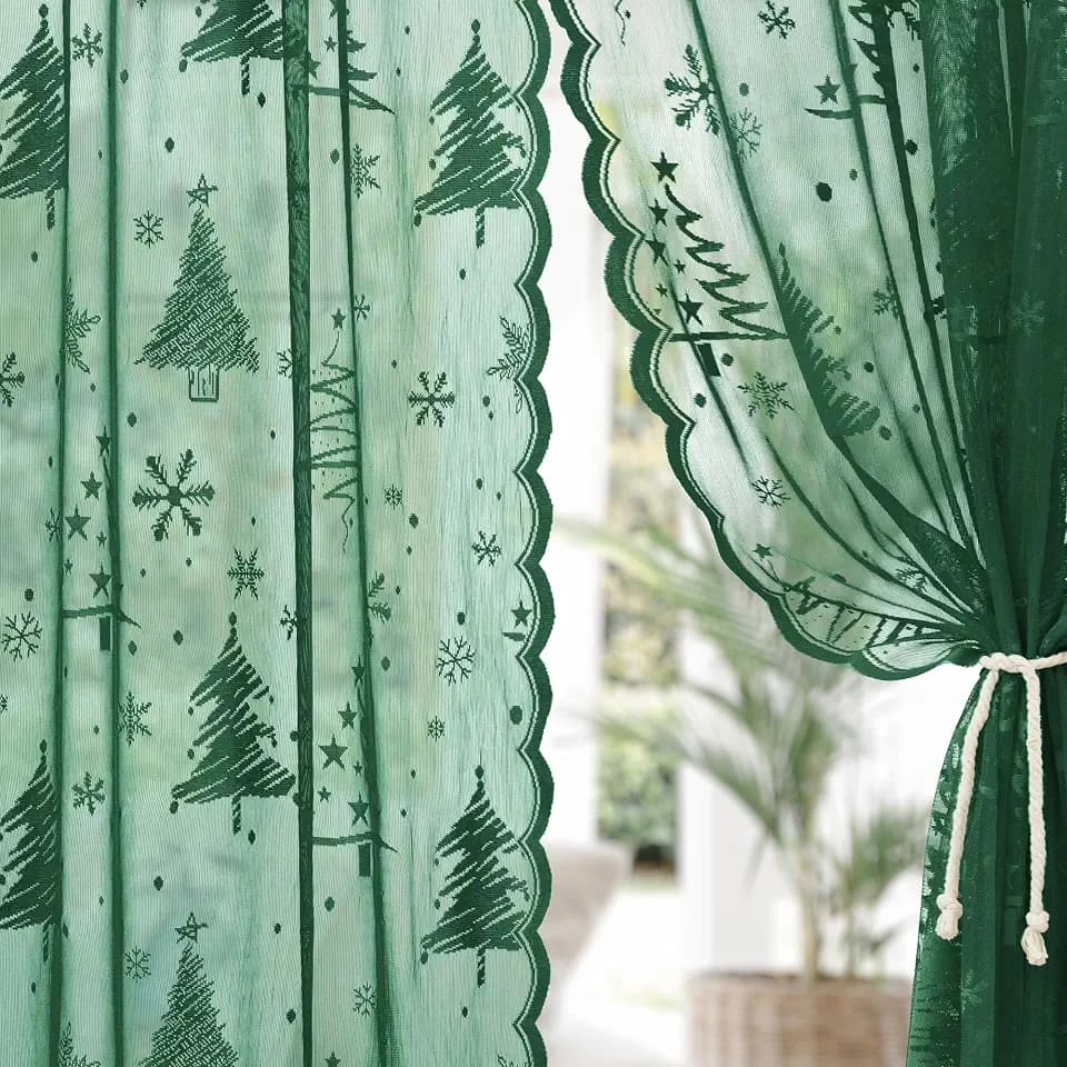 Christmas Lace Curtains 63 Inch Length, 2 Panels Tree Weave Sheer for Living Room, Farmhouse Embroidery Rod Pocket Holiday Sheer, Green 52 x 63 Inch