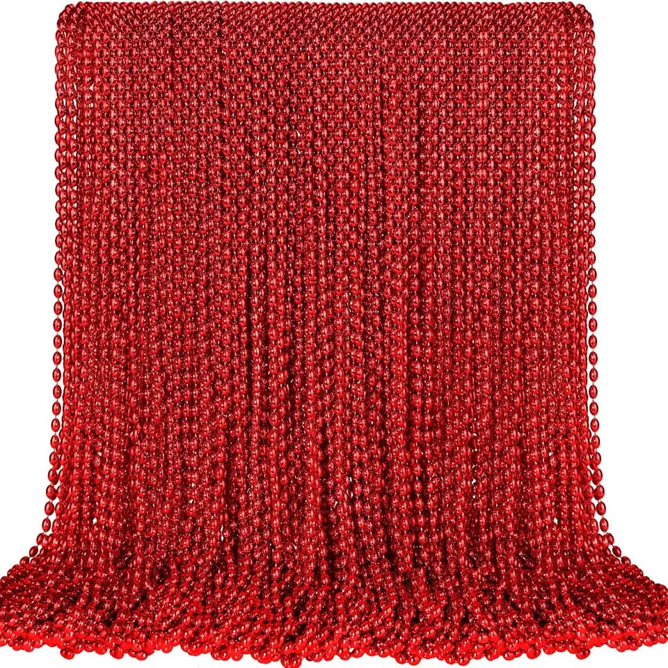 100 PCS Red Mardi Gras Beads, Red Oval Beads Necklaces Christmas Necklaces 30.5" Metallic Beaded Costume Necklaces Party Necklaces for Valentines Christmas Parade Throws Wedding Birthday Party Favors