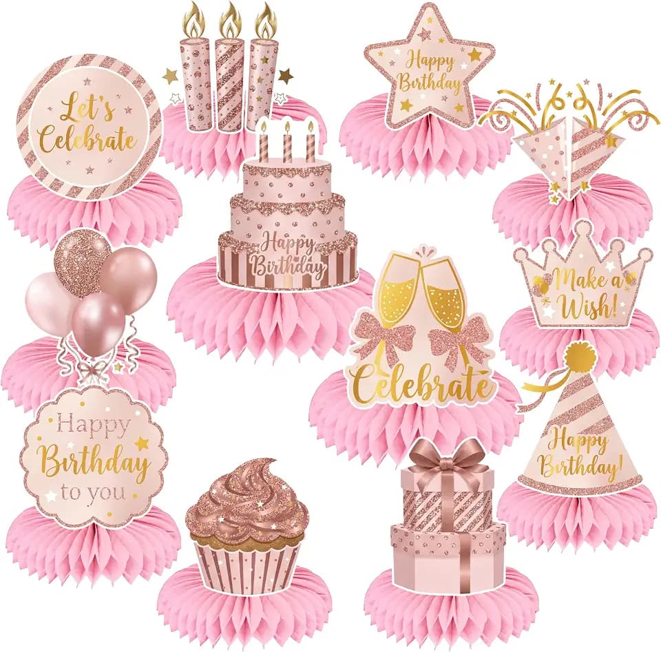 12 Pcs Rose Gold Happy Birthday Honeycomb Centerpieces for Tables Pink 3D Table Decorations Women Girls Party Supplies Cardstock Signs