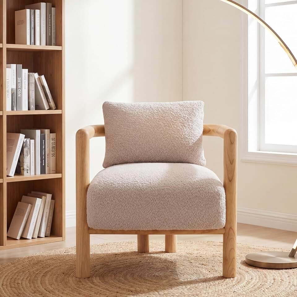 Christopher Knight Home Kefe Modern Accent Chair for Living Room, Boucle Upholstered Lounge Chair Indoor with Wooden Frame, Reading Seating with Curved Back, Armchair with Cushion, Dark Beige/Wheat