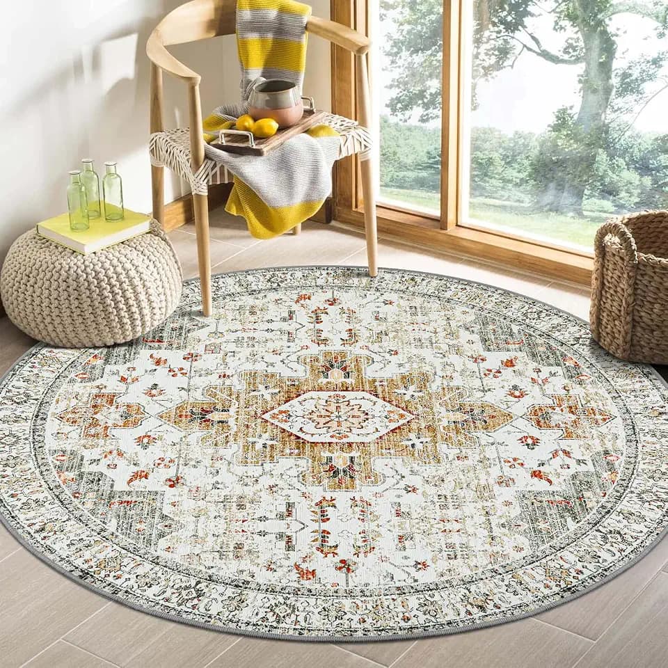 Moynesa Washable Round Rug 4ft, Vintage Medallion Area Rug Distressed Neutral Circle Rug, Soft Non Slip Low Pile Carpet for Living Room Bedroom Dining Room Nursery, Beige/Gold