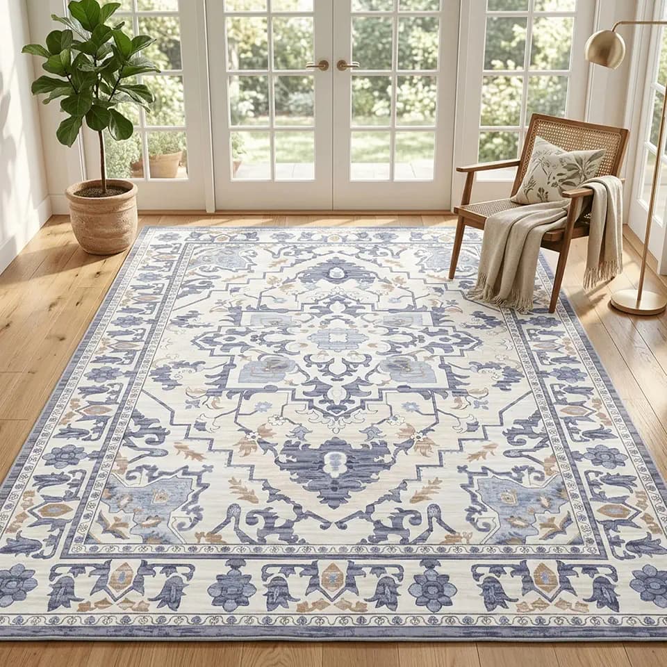 Simple Deluxe 9x12 Vintage Area Rug, Washable Non-Slip Floor Carpet for Living Room Bedroom Kitchen Dining & Nursery, Stain-Resistant Pet-Friendly Rug Ideal for Dog & Cat Owners, Blue