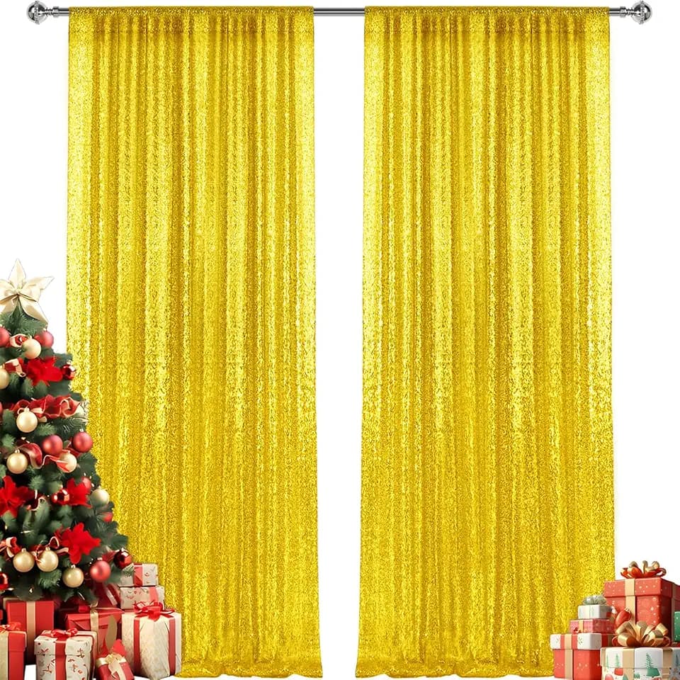2×8FT-2PCS Yellow Sequin Backdrop Curtains Panels, Photography Backdrop Glitter Curtains Fabric Background for Christmas Wedding Party Decor