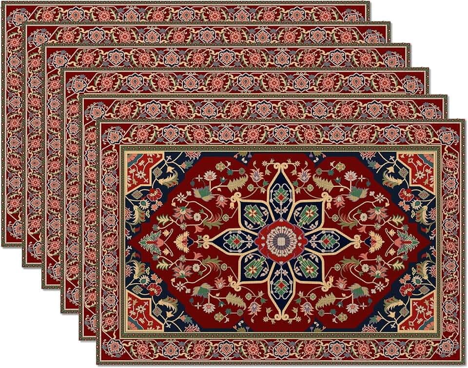 Ethnische Boho-Platzsets, orange/blau, blaugrün, 6er-Set, Tischsets, rutschfest, hitzebeständig, waschbar, Tischset für Party, Küche, Esstisch, Dekoration, drinnen und draußen