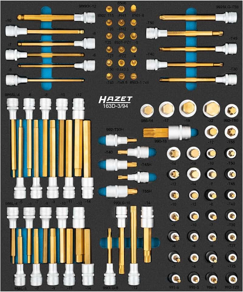 HAZET Schraubendreher-Steckschlüsseleinsatz-Satz 163D-3/94, TIN beschichtet | 1/4 Zoll (6,3 mm) Vierkant hohl, 1/2 Zoll (12,5 mm) Vierkant hohl, TIN beschichtet, Länge 522 mm, Breite 435 mm, Höhe 75 mm