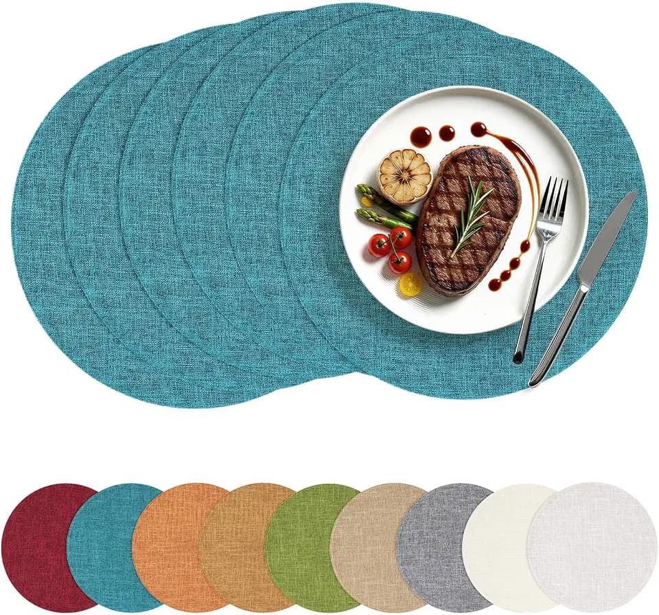 homing Faux Cotton Linen 15 Inch Round Cloth Place mats, Set of 6, Teal